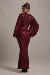 Berry Sequin Plunge-Neck Maxi Dress